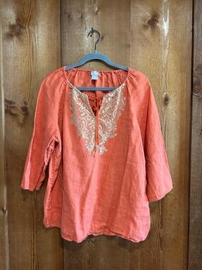 Chico's 100% Linen Embroidered Peasant Blouse Coral Orange Gold Boho Sz12/14